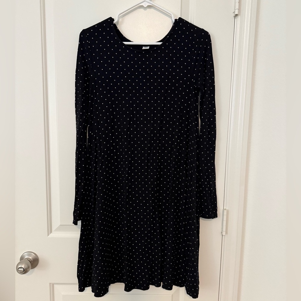 Old Navy Black Long Sleeve Swing Dress with White Dots